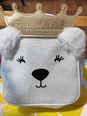 Bath & Body Works ROYAL POLAR BEAR GOLD CROWN cosmetic bag empty Fur / Glitter